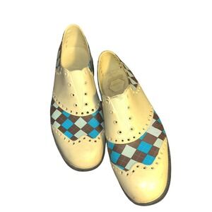 Biion Golf Shoes Mens 9 Argyle Blue Brown Cream EVA Wingtip Brogue Spikeless